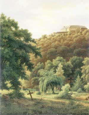 Schloß und Theobaldifriedhof in Wernigerode, 1849